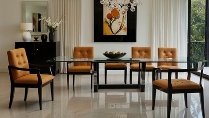 Modern dining room with a glass table and stylish chairs