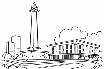 Obraz premium detailed line art coloring page, the monument of proclamation in Jakarta, black and white illustration style, clean lines
