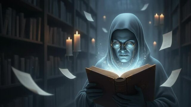 Mysterious Wizard Reading Ancient Book in Dimly Lit Library