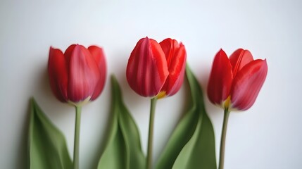 Fototapeta premium Three Red Tulips Close Up Spring Flowers White Background