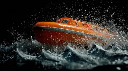 A side profile of the lifeboat model displaying its streamlined hull and buoyant features while halfsubmerged in water with waves generated by a wind machine.
