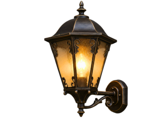 Ornate vintage outdoor wall lantern with glowing bulb isolated on transparent background