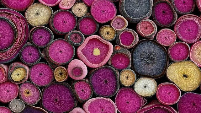 A vibrant arrangement of colorful, circular root vegetable cross-sections displaying intricate internal patterns.