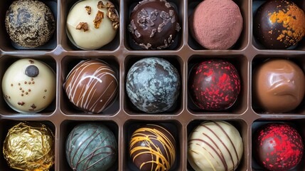 A variety of gourmet chocolates arranged in a box. The chocolates feature different colors and textures, showcasing a range of flavors and designs.