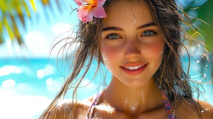 Young Caucasian woman with long brown hair and blue eyes, wearing a floral bikini, smiling at the beach with ocean in the background.