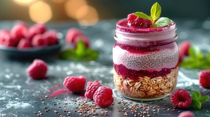 A layered dessert in a glass jar with oats, raspberry puree, and fresh raspberries. Mint leaves garnish the top, creating a colorful and healthy treat.