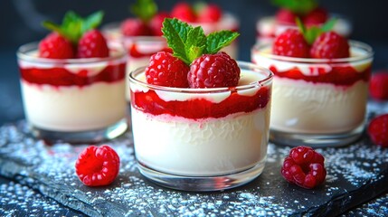 Delicious raspberry panna cotta served in small glass cups. Each dessert is topped with fresh raspberries and mint leaves, placed on a dark slate surface.