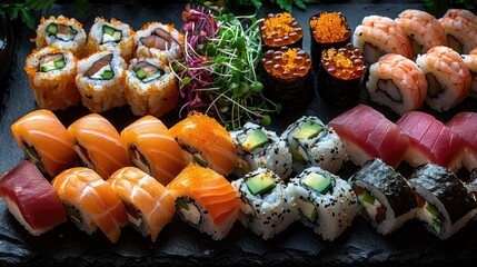 A variety of sushi rolls arranged on a black slate platter. Includes salmon, tuna, and vegetable rolls, garnished with sprouts and fish roe.