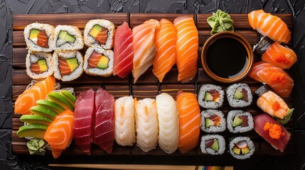 A wooden platter displays an assortment of sushi, including nigiri, sashimi, and rolls. Accompanied by wasabi and soy sauce, the scene highlights Japanese cuisine.