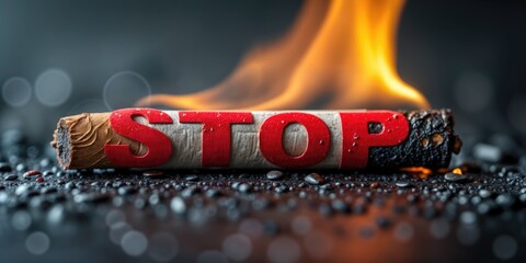 A burning wooden log with the word 'STOP' painted in red. Flames rise from the log against a dark, blurred background with glowing embers.