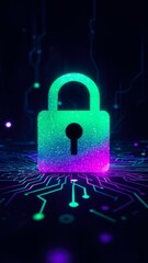 A glowing padlock symbol on a digital circuit background. The padlock is gradient green to purple, representing cybersecurity and data protection.