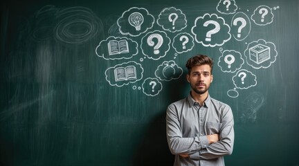 Young man with brown hair stands in front of a chalkboard filled with question marks and thought bubbles. He appears thoughtful and contemplative.