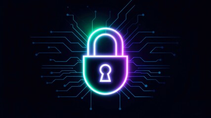 A glowing padlock icon with a keyhole, surrounded by digital circuit patterns. The design represents cybersecurity and data protection concepts.