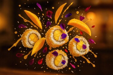 Four sushi rolls with mango slices and colorful flower petals, arranged artistically on a blurred background.