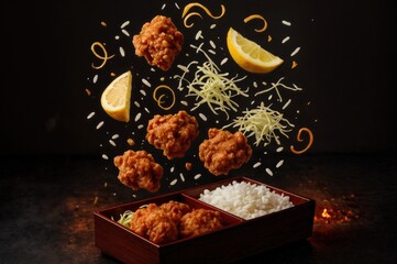 Fried chicken pieces with lemon slices and shredded cheese above a bowl of rice. Dark background enhances the food's vibrant colors.