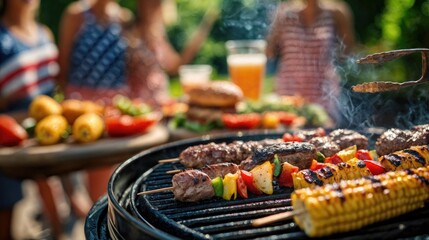 Grilled meat and vegetables on a barbecue. Background features diverse people enjoying a summer gathering with drinks and food.