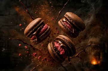 Three chocolate macarons with raspberry filling are suspended in mid-air. The background features a dark, smoky atmosphere with scattered crumbs.