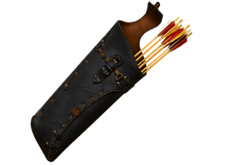 Detailed leather quiver filled with fletched arrows isolated on transparent background