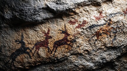 Ancient cave paintings depict stylized animals, preserved on rough rock surface, revealing a glimpse into prehistoric art and culture.