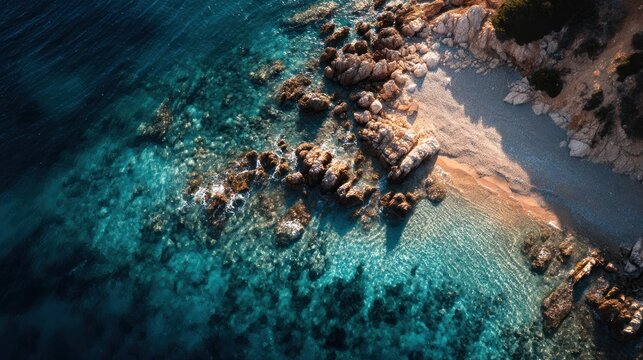Aerial view of coastline with clear blue water rocks and sandy beach.