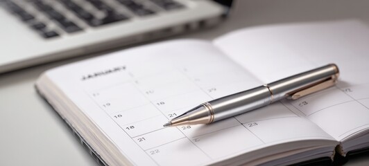 The elegant pen resting on a calendar page in a modern workspace.