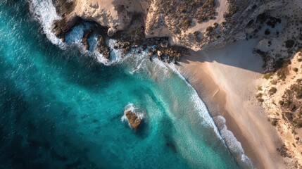 Aerial view of a beach with turquoise water meeting a sandy shore.