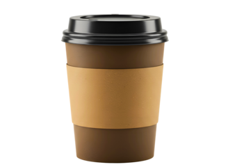 disposable coffee cup with a black lid and sleeve isolated on transparent background