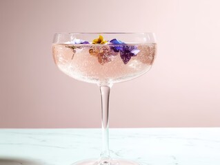 A pale pink sparkling ros is elegantly presented in a coupe glass, enhanced with colorful edible flowers floating on top. The soft lighting and simple background create an inviting ambiance