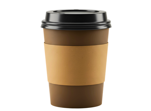  disposable coffee cup with a black lid and sleeve isolated on transparent background