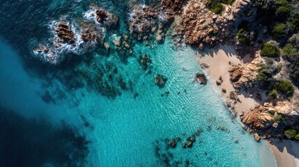 Aerial view of clear turquoise water meeting a rocky coastline with vegetation.