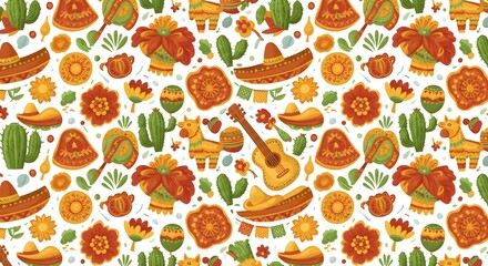 Vibrant Fiesta: Mexican Celebration Pattern with Sombreros, Cacti, and Festive Elements