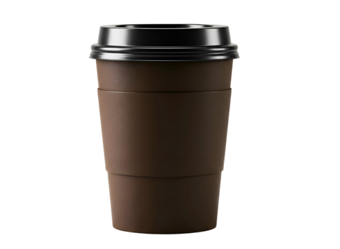  disposable coffee cup with a black lid and sleeve isolated on transparent background
