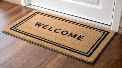 A door mat with the inscription “welcome”. Interior mat