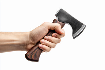 Hand gripping a metal axe in strong pose for outdoor tasks