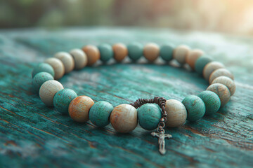 A teal and beige wooden beaded bracelet with a small cross charm rests on a rustic teal wooden surface.