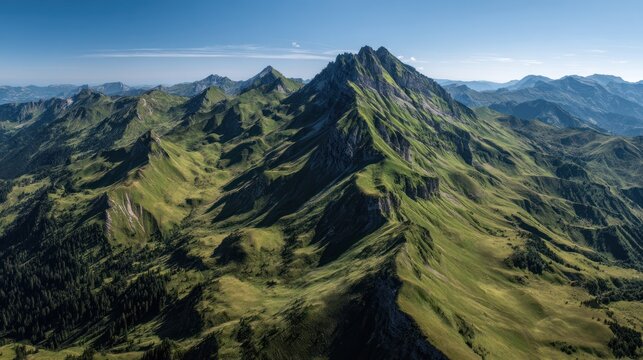 Mountain range with green slopes under a clear blue sky aerial view.