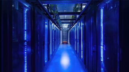 Rows of data storage servers line a long aisle, bathed in vibrant blue light. The organized setup emphasizes precision and functionality, showcasing advanced technology in a modern facility