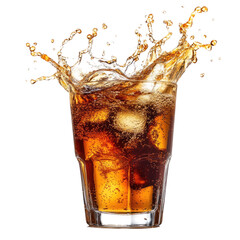 Refreshing drink splashing from a glass filled with ice on a transparent background, cutout PNG