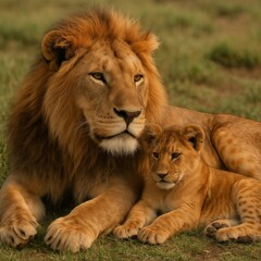 Obraz premium Serene Moment Between Lion and Cub in the Wild