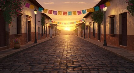 Fototapeta premium Sunset Serenade: Cobblestone Street in a Festive Latin American Village