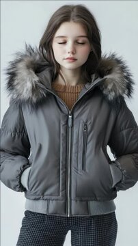 A fashionable puffy jacket for young girls, featuring a faux fur lined hood and a warm gray color. Perfect for winter wear and keeping little ones cozy.