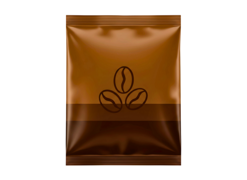 single brown coffee sachet with golden coffee beans logo isolated on transparent background