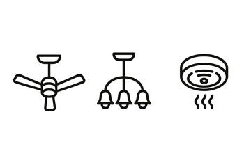 Black outline icons of ceiling fan, chandelier, and smoke detector on green background vector icon isolated illustration