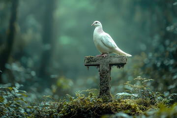 A white dove perched on a moss-covered wooden cross in a serene forest, symbolizing peace and tranquility.