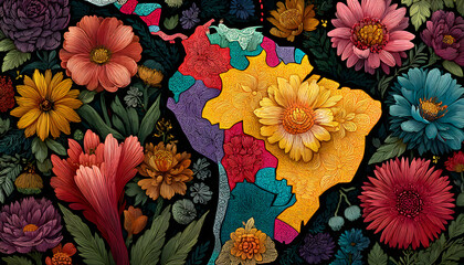 Colorful floral map of Latin America, vibrant cultural representation, latina