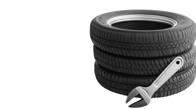 Car tire stacked with a wheel wrench Transparent background, PNG