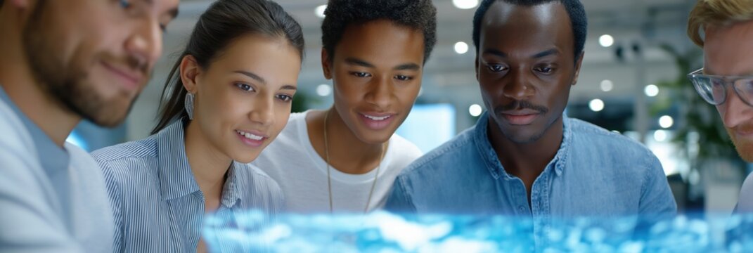 Diverse group of young adults collaborating on futuristic technology