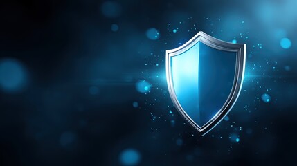 Fototapeta premium A shiny blue shield symbolizing protection and security against a dark blue, bokeh-lit background.