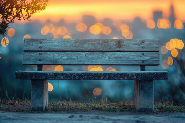 A solitary wooden bench at sunset, overlooking a blurred cityscape, evokes serenity and contemplation.