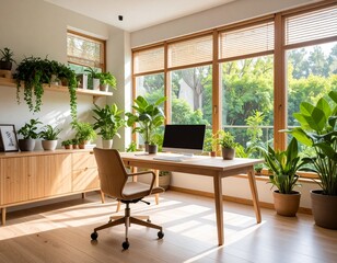 Fototapeta premium Bright home office space with wooden furniture, indoor plants, and natural light for an eco-friendly workspace.